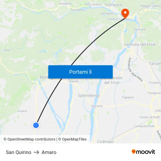 San Quirino to Amaro map