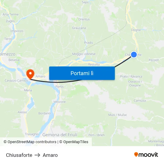 Chiusaforte to Amaro map