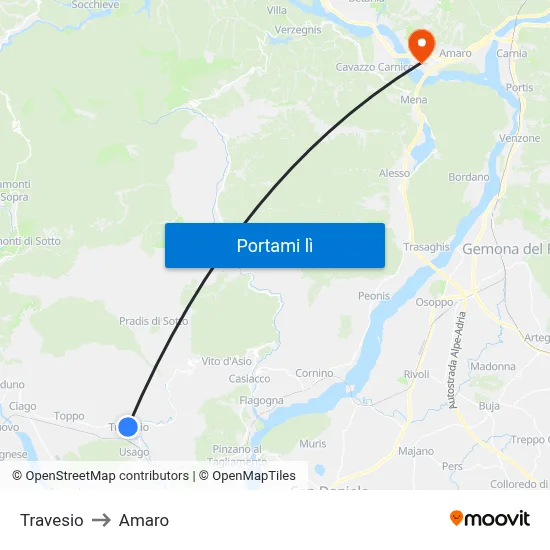 Travesio to Amaro map