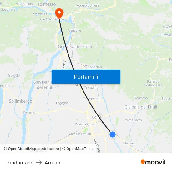 Pradamano to Amaro map