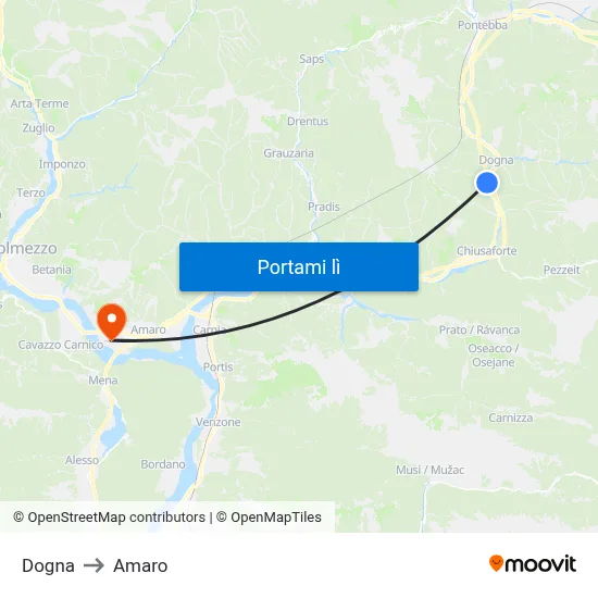 Dogna to Amaro map