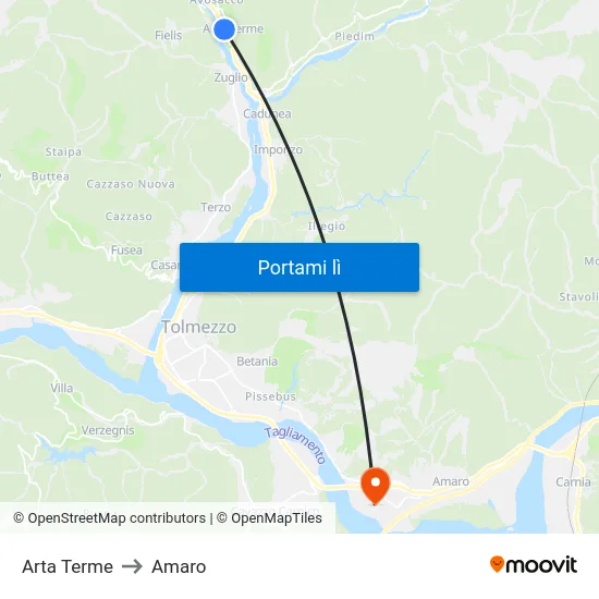 Arta Terme to Amaro map