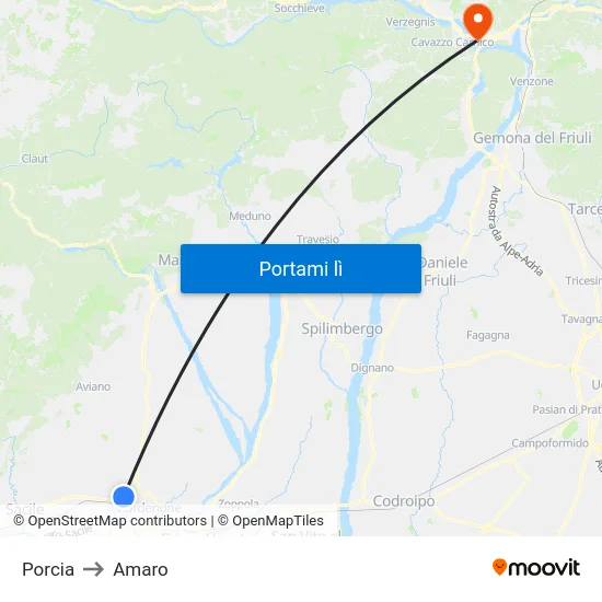 Porcia to Amaro map