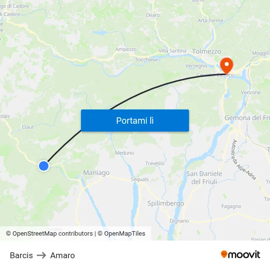 Barcis to Amaro map