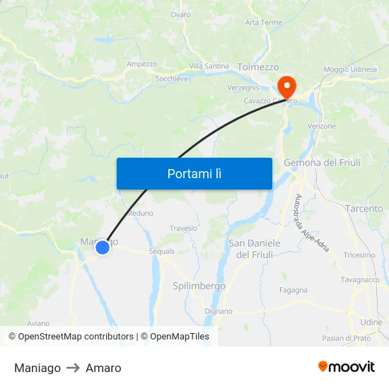 Maniago to Amaro map