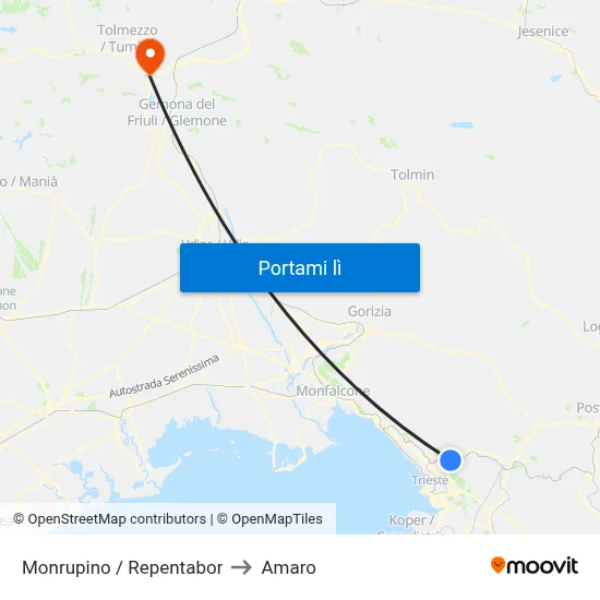 Monrupino / Repentabor to Amaro map