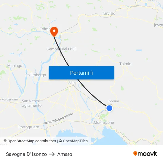 Savogna D' Isonzo to Amaro map