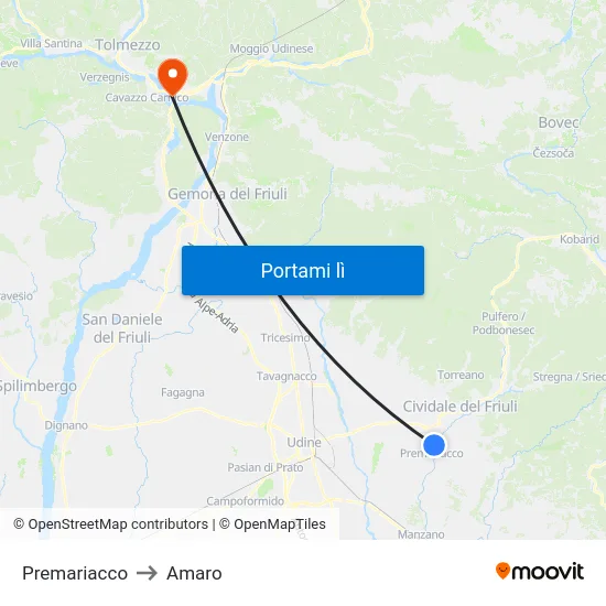 Premariacco to Amaro map