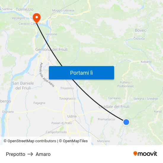 Prepotto to Amaro map