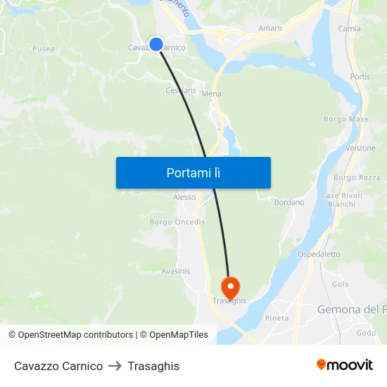 Cavazzo Carnico to Trasaghis map