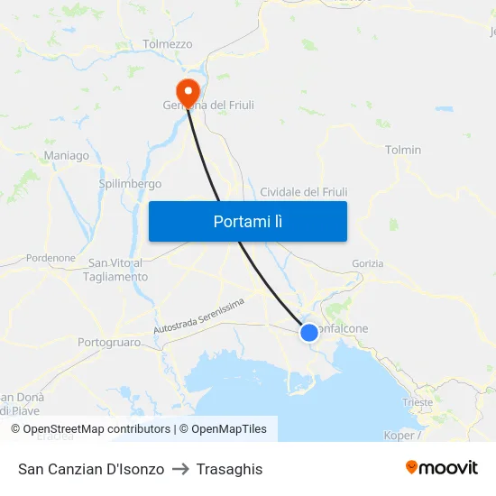 San Canzian D'Isonzo to Trasaghis map