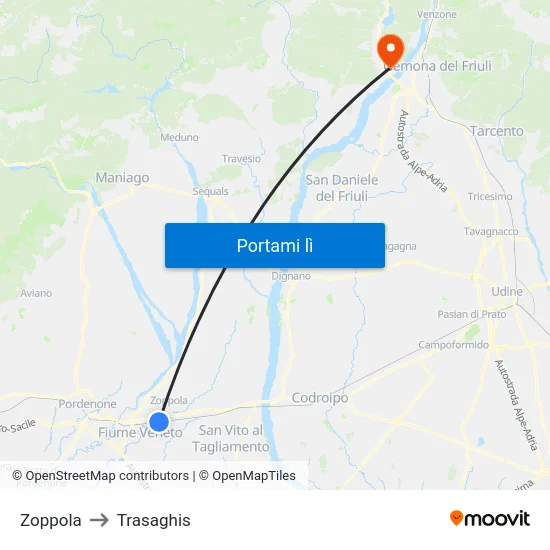 Zoppola to Trasaghis map