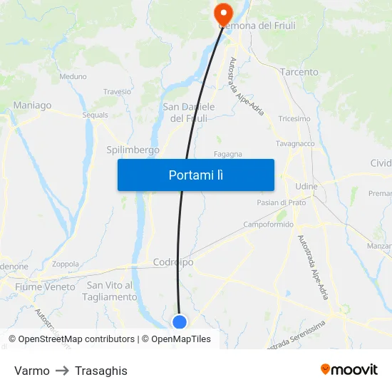Varmo to Trasaghis map