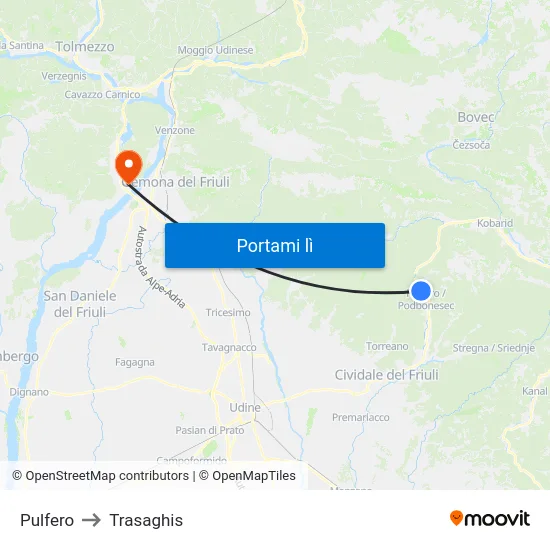 Pulfero to Trasaghis map