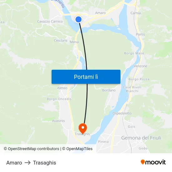 Amaro to Trasaghis map