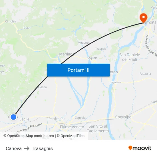 Caneva to Trasaghis map