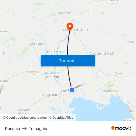 Pocenia to Trasaghis map