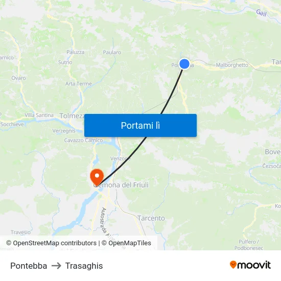 Pontebba to Trasaghis map