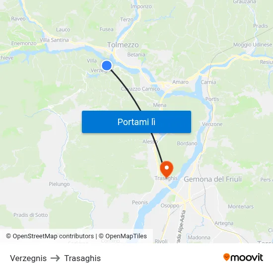 Verzegnis to Trasaghis map
