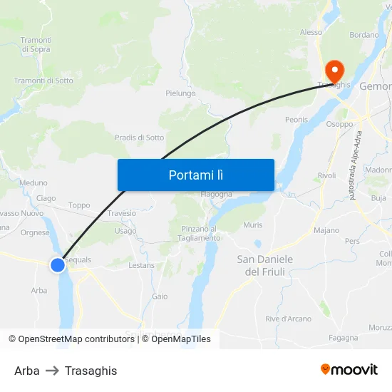 Arba to Trasaghis map
