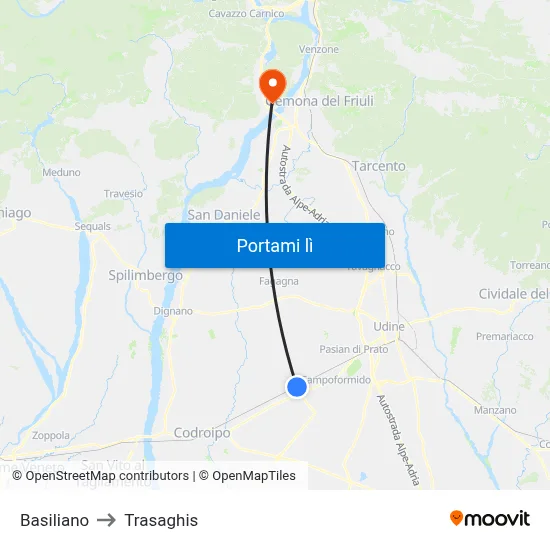 Basiliano to Trasaghis map