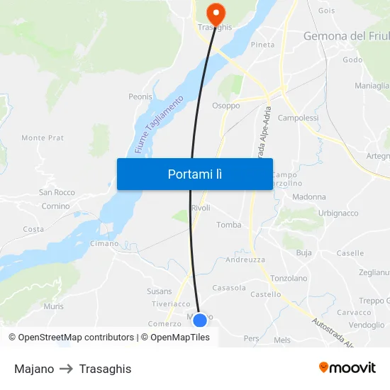 Majano to Trasaghis map