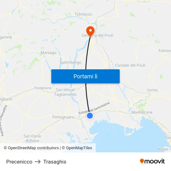 Precenicco to Trasaghis map