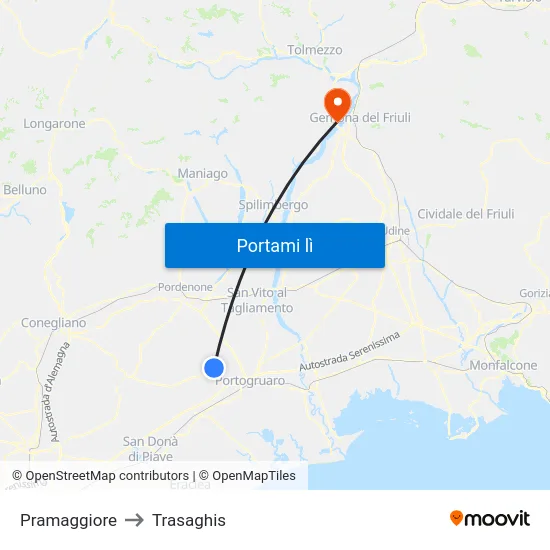 Pramaggiore to Trasaghis map