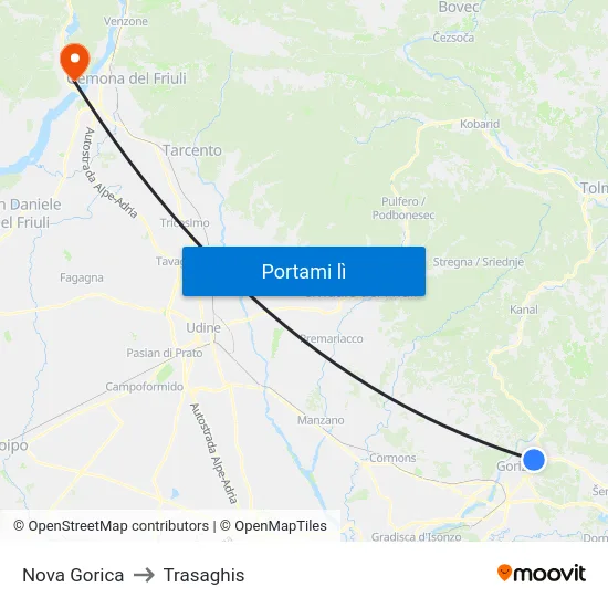 Nova Gorica to Trasaghis map