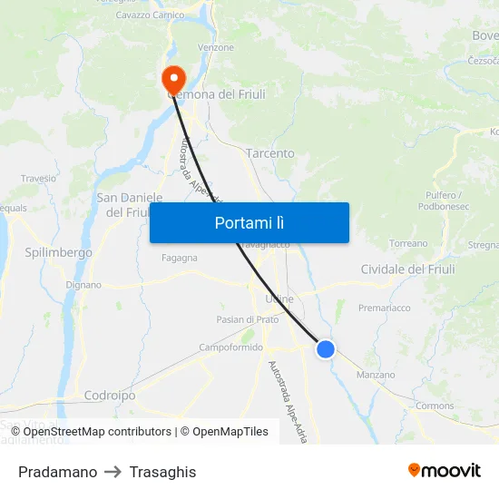 Pradamano to Trasaghis map