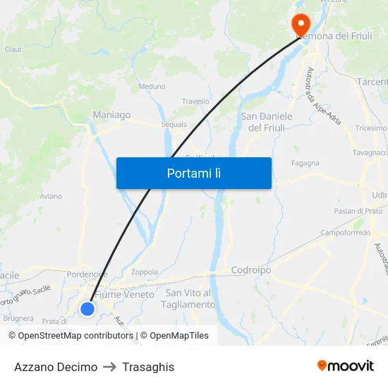 Azzano Decimo to Trasaghis map