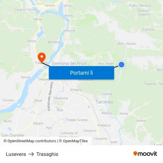 Lusevera to Trasaghis map