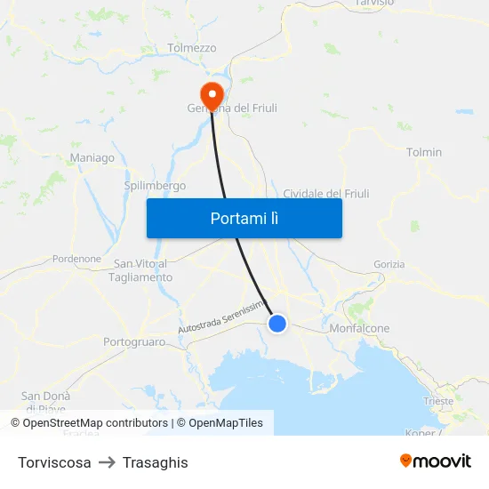 Torviscosa to Trasaghis map