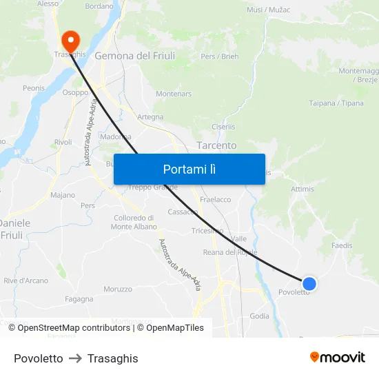 Povoletto to Trasaghis map