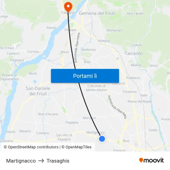 Martignacco to Trasaghis map