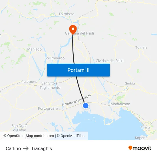 Carlino to Trasaghis map