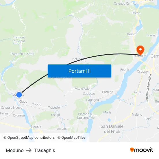 Meduno to Trasaghis map