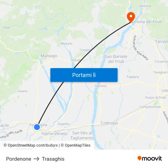 Pordenone to Trasaghis map