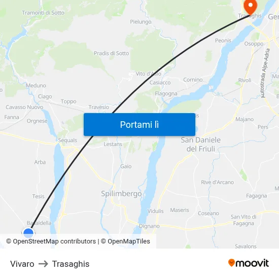Vivaro to Trasaghis map