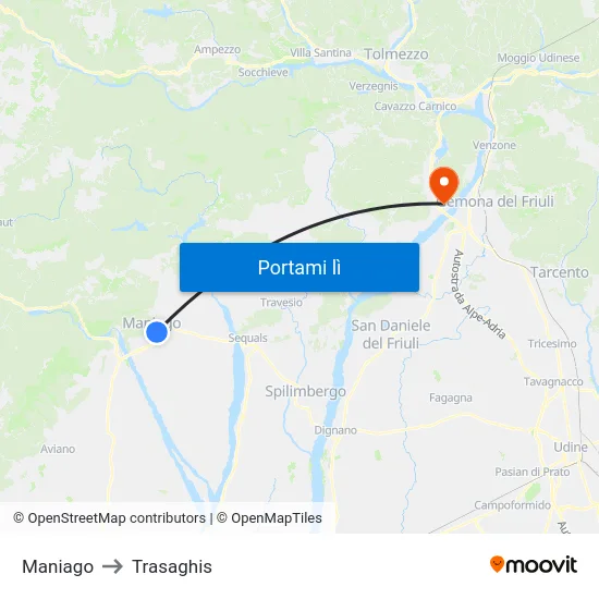 Maniago to Trasaghis map
