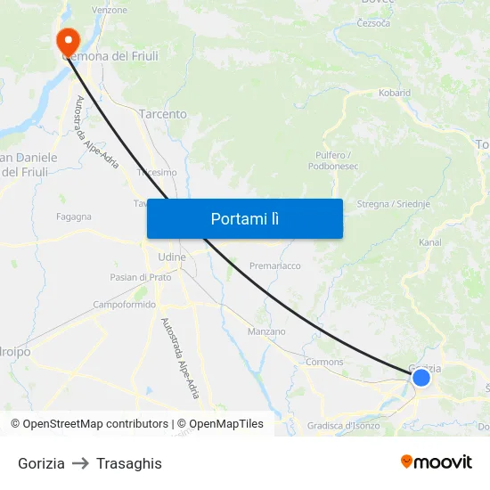 Gorizia to Trasaghis map