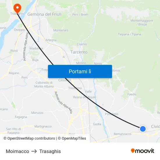 Moimacco to Trasaghis map