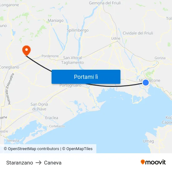 Staranzano to Caneva map