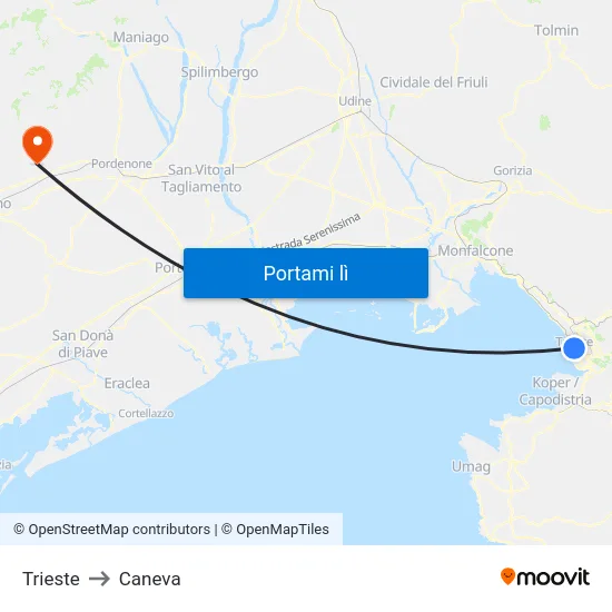 Trieste to Caneva map