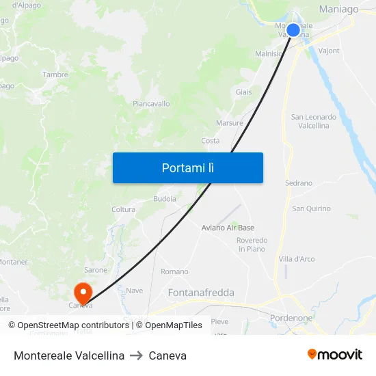 Montereale Valcellina to Caneva map