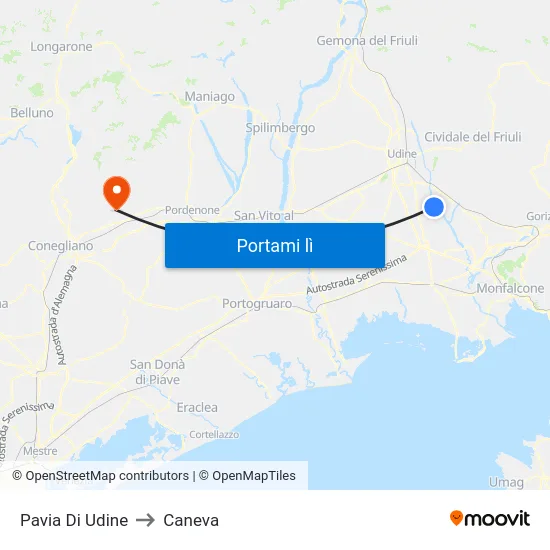 Pavia Di Udine to Caneva map