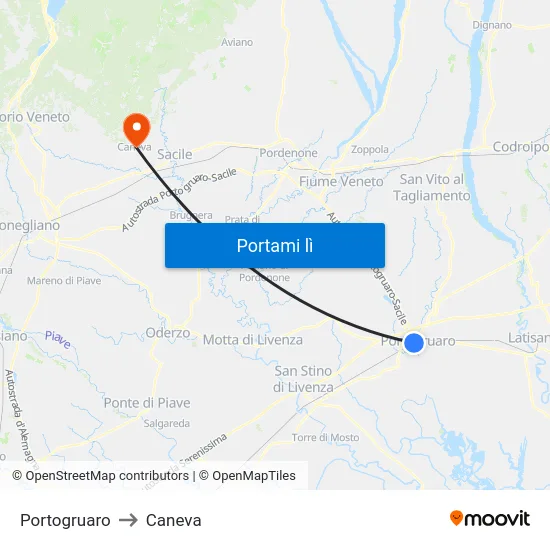 Portogruaro to Caneva map