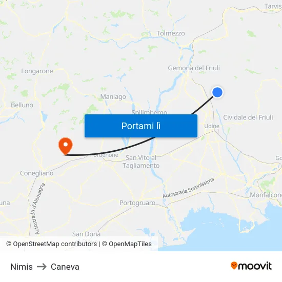 Nimis to Caneva map