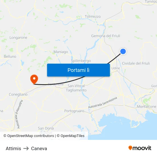 Attimis to Caneva map