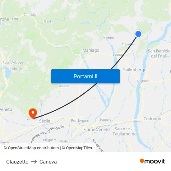 Clauzetto to Caneva map